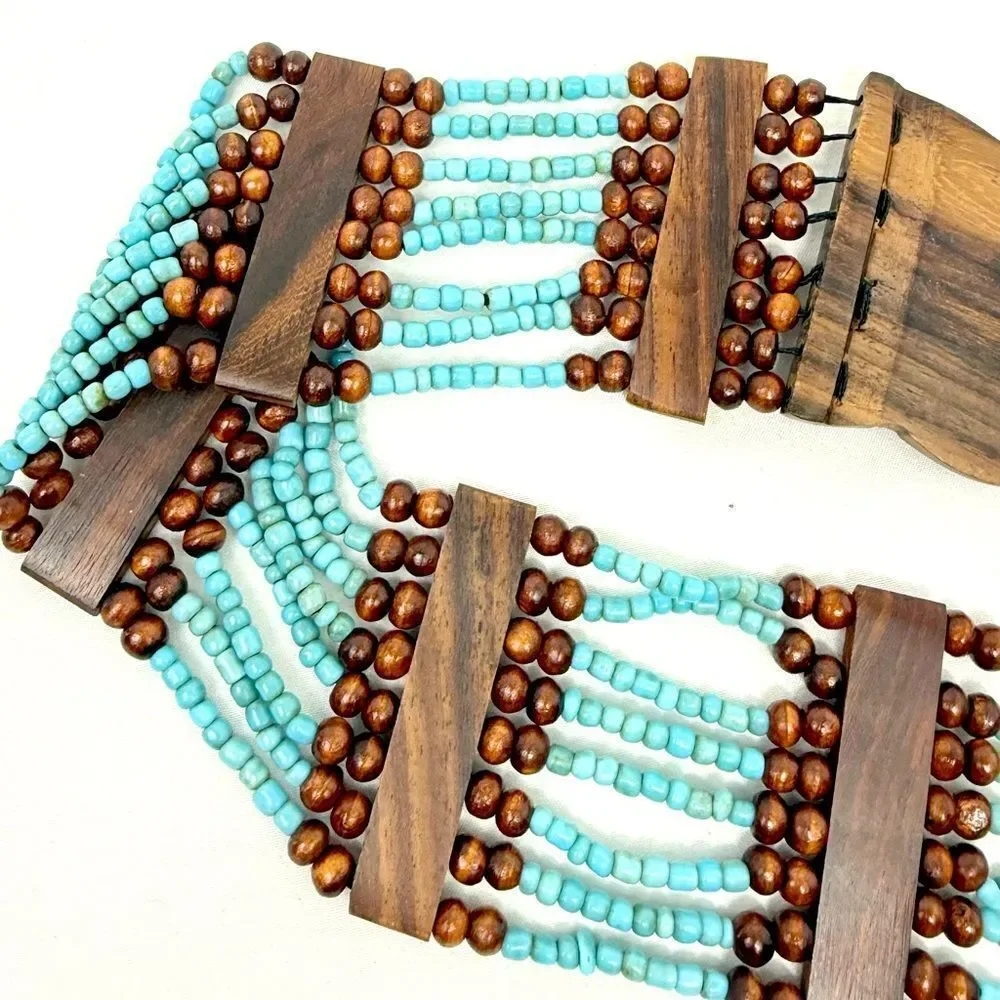 Boutique Dark Wood and Turquoise Color Beaded Boho Coastal Stretch Belt